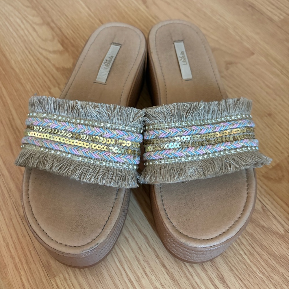 Libelula Fringe Platform Slides – Size 7.5/8 – Boho Summer Sandals